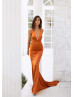 Golden Rust Satin Lace Up Back Long Prom Dress