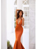 Golden Rust Satin Lace Up Back Long Prom Dress