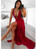 Sexy Red Jersey Low Back Slit Long Prom Dress