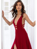 Sexy Red Jersey Low Back Slit Long Prom Dress