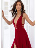 Sexy Red Jersey Low Back Slit Long Prom Dress Sexy Red Jersey Low Back Slit Long Prom Dress