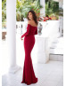 Off Shoulder Burgundy Satin Long Prom Dress