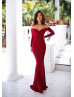 Off Shoulder Burgundy Satin Long Prom Dress