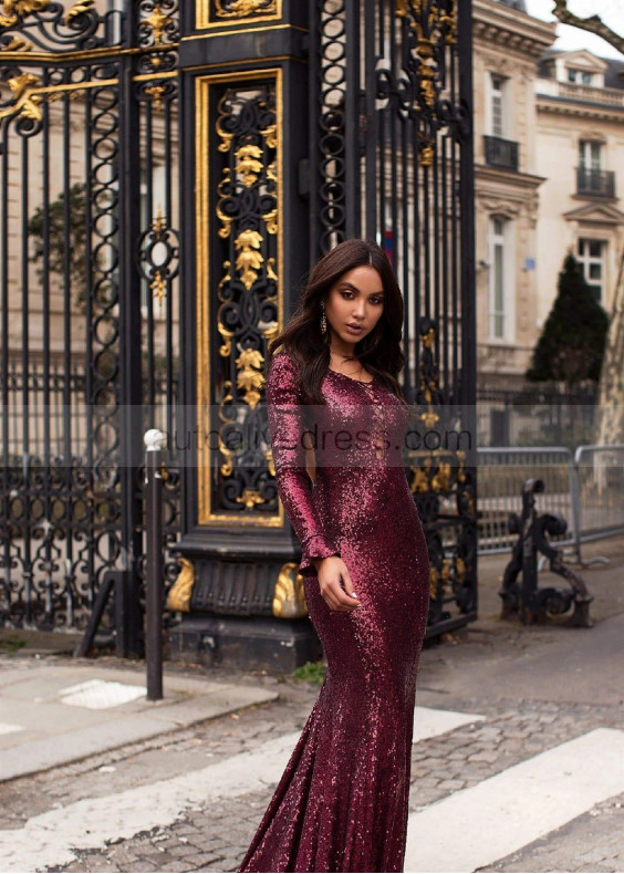 Long Sleeve Burgundy Sequin Open Back Prom Dress