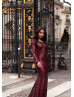 Long Sleeve Burgundy Sequin Open Back Prom Dress
