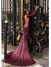 Long Sleeve Burgundy Sequin Open Back Prom Dress