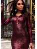 Long Sleeve Burgundy Sequin Open Back Prom Dress