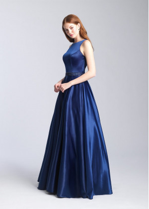 Boat Neck Satin Open Back Prom Dress With Box Pleats