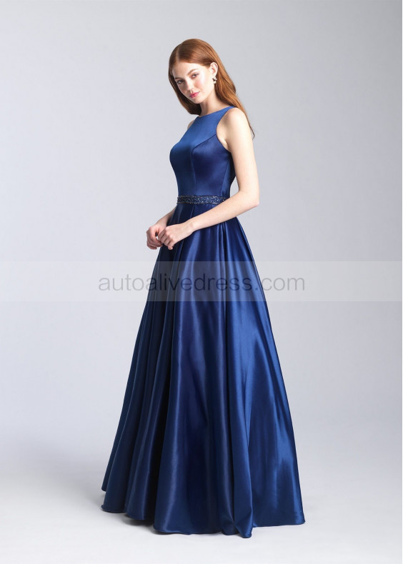 Boat Neck Satin Open Back Prom Dress With Box Pleats