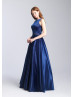 Boat Neck Satin Open Back Prom Dress With Box Pleats
