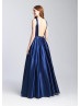 Boat Neck Satin Open Back Prom Dress With Box Pleats