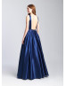 Boat Neck Satin Open Back Prom Dress With Box Pleats Boat Neck Satin Open Back Prom Dress With Box Pleats