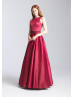 Boat Neck Satin Open Back Prom Dress With Box Pleats