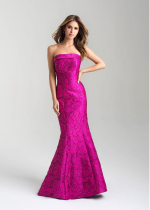 Strapless Floral Brocade Floor Length Prom Dress