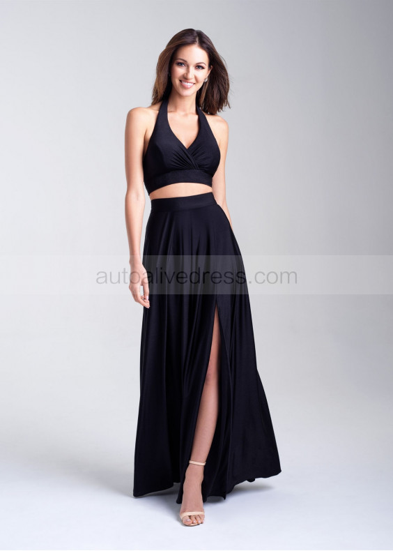 Two Piece Ruched Halter Jersey Slit Prom Dress