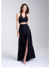 Two Piece Ruched Halter Jersey Slit Prom Dress