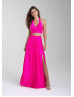 Two Piece Ruched Halter Jersey Slit Prom Dress