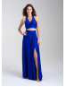 Two Piece Ruched Halter Jersey Slit Prom Dress
