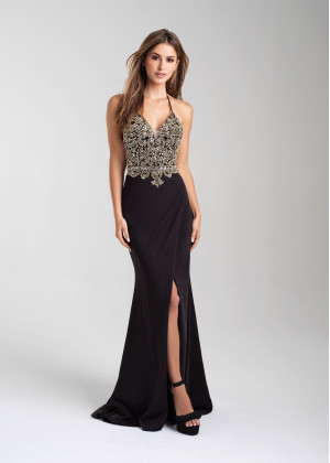 Beaded Halter Wrapped Jersey Open Back Prom Dress