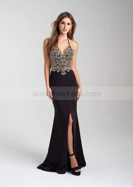 Beaded Halter Wrapped Jersey Open Back Prom Dress