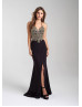 Beaded Halter Wrapped Jersey Open Back Prom Dress