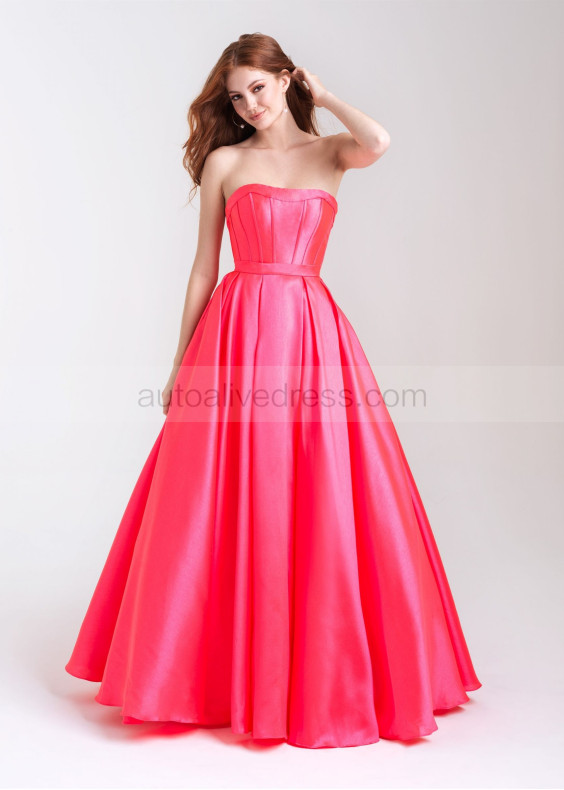 Strapless Satin Box Pleated Long Prom Dress Strapless Satin Box Pleated Long Prom Dress