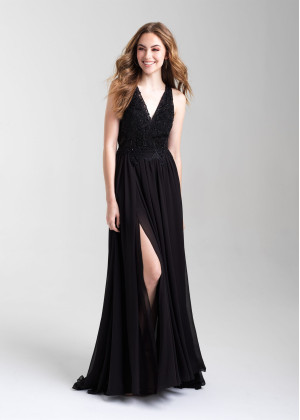 V Neck Beaded Lace Chiffon Slit Prom Dress