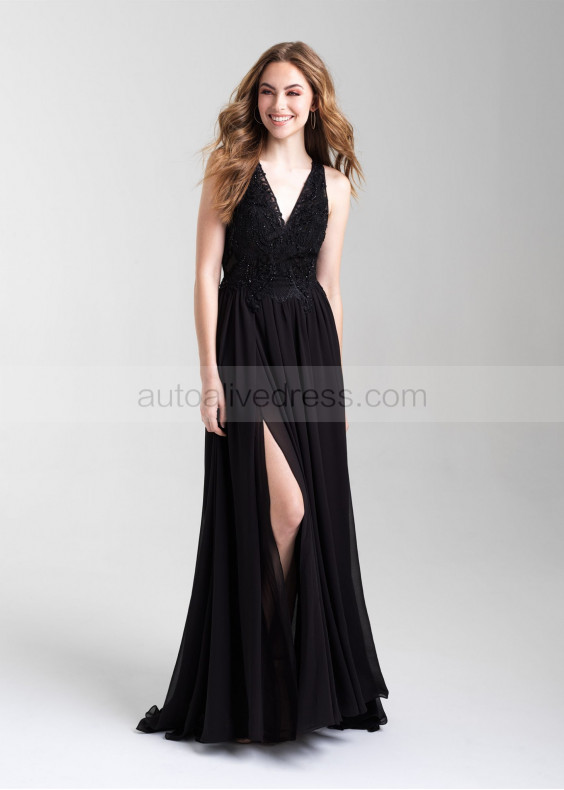 V Neck Beaded Lace Chiffon Slit Prom Dress V Neck Beaded Lace Chiffon Slit Prom Dress