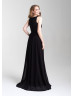V Neck Beaded Lace Chiffon Slit Prom Dress