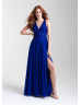 V Neck Beaded Lace Chiffon Slit Prom Dress