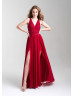 V Neck Beaded Lace Chiffon Slit Prom Dress