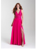 V Neck Beaded Lace Chiffon Slit Prom Dress