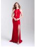 Glittering Jersey Slit Lace-up Back Prom Dress