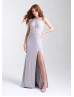 Glittering Jersey Slit Lace-up Back Prom Dress