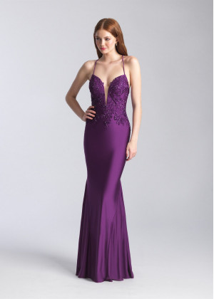 Beaded Lace Jersey Corset Back Long Prom Dress