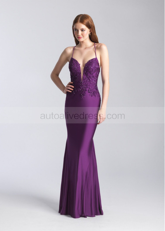 Beaded Lace Jersey Corset Back Long Prom Dress