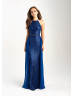 High Neck Sequin Chiffon Corset Back Long Prom Dress