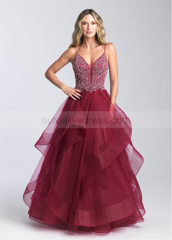 Beaded Tulle V Back Ruffle Long Prom Dress With Horsehair Trim