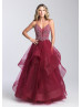 Beaded Tulle V Back Ruffle Long Prom Dress With Horsehair Trim
