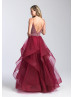 Beaded Tulle V Back Ruffle Long Prom Dress With Horsehair Trim