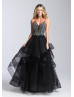 Beaded Tulle V Back Ruffle Long Prom Dress With Horsehair Trim