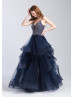 Beaded Tulle V Back Ruffle Long Prom Dress With Horsehair Trim