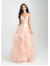 Beaded Tulle V Back Ruffle Long Prom Dress With Horsehair Trim
