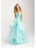 Beaded Tulle V Back Ruffle Long Prom Dress With Horsehair Trim