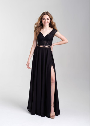 Two Piece Cap Sleeve Lace Jersey Slit Prom Dress