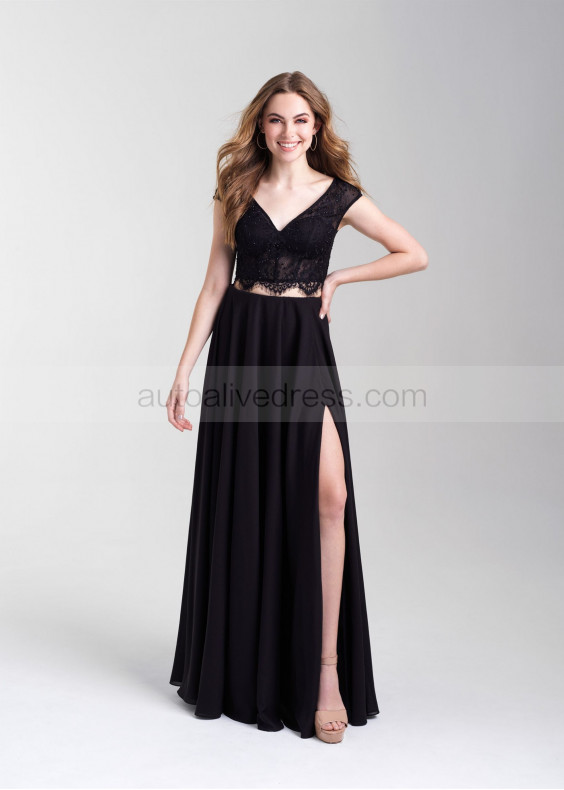 Two Piece Cap Sleeve Lace Jersey Slit Prom Dress