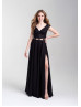 Two Piece Cap Sleeve Lace Jersey Slit Prom Dress