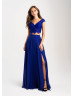 Two Piece Cap Sleeve Lace Jersey Slit Prom Dress