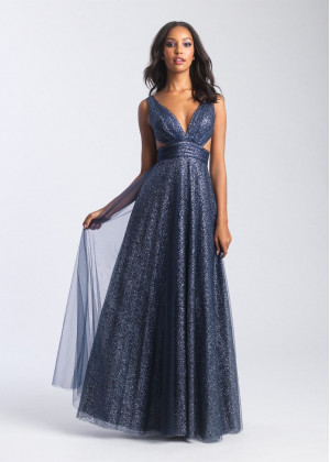 Sexy V Neck Navy Blue Glittering Tulle Open Back Prom Dress