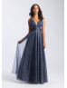 Sexy V Neck Navy Blue Glittering Tulle Open Back Prom Dress